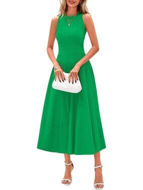 Women's Dress Midi Green Crew Neck Short Sleeveless A Line Pleated Casual Summer